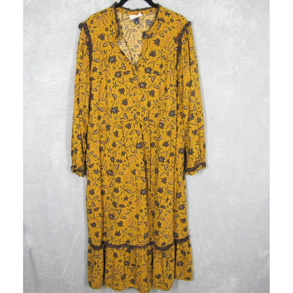 Universal Thread Dresses & Skirts - Universal Thread Mustard Yellow Floral Boho Midi Dress XXL Long Sleeve Cotton